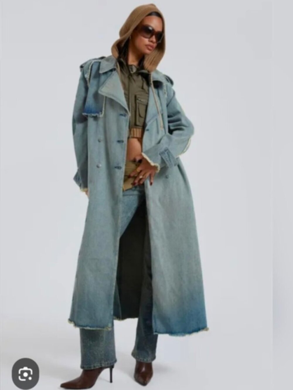 JADED LONDON LONG ULTIMATE DENIM DOWNTOWN DISTRESSED TRENCH COAT Belted Blue S/M